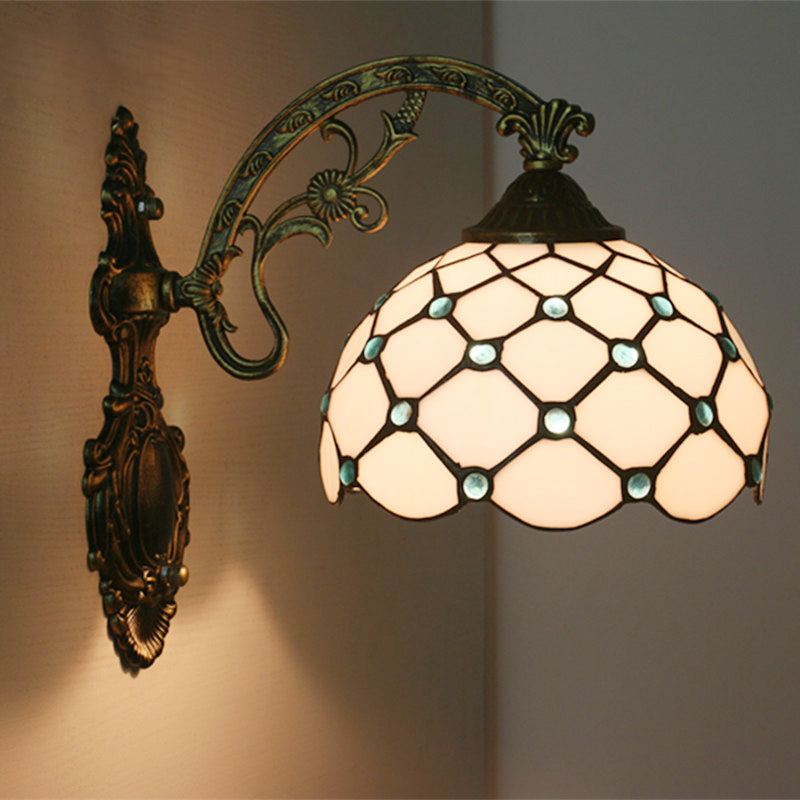 Bead Net Wall Light Fixture Single Bulb Blue/Gold Hand-Crafted Glass Baroque Wall Mount Lamp
