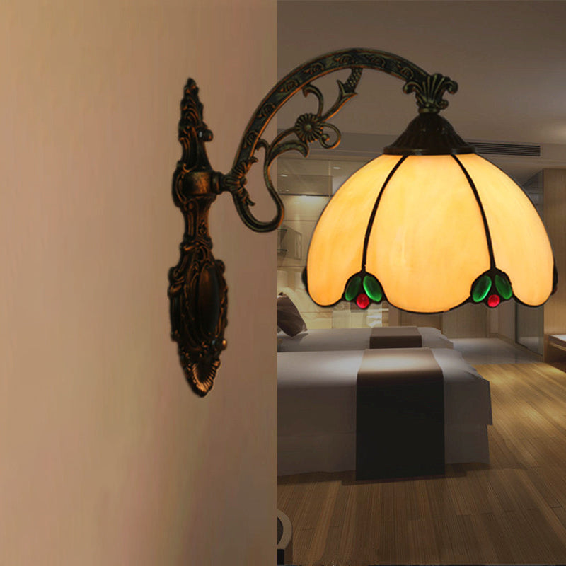 Baroque Scalloped Wall Light Kit 1-Light Beige Glass Sconce Lighting Fixture for Bedroom