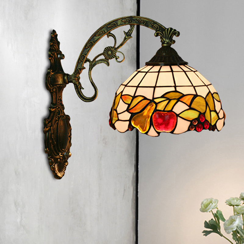 Bowl Shade Wall Mounted Lamp Tiffany Hand Cut Glass 1 Bulb Bronze Sconce Light Fixture with Fruit Pattern