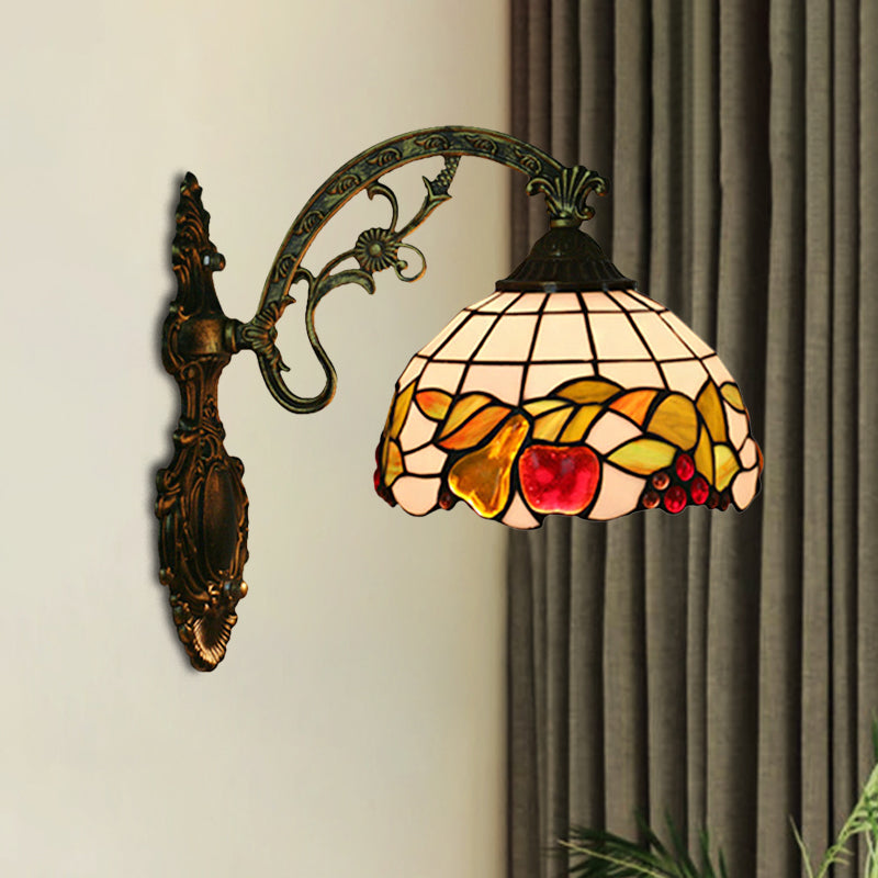 Bowl Shade Wall Mounted Lamp Tiffany Hand Cut Glass 1 Bulb Bronze Sconce Light Fixture with Fruit Pattern