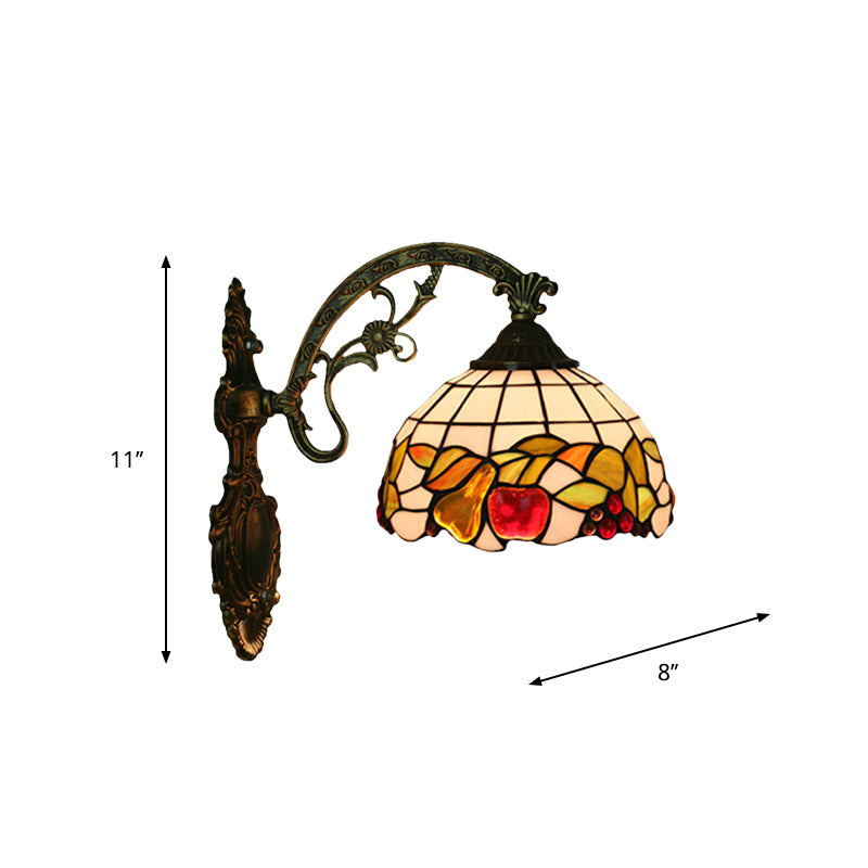 Bowl Shade Wall Mounted Lamp Tiffany Hand Cut Glass 1 Bulb Bronze Sconce Light Fixture with Fruit Pattern