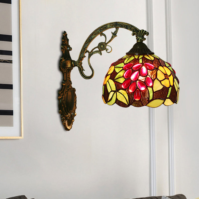 Tiffany-Style Grape Wall Light Sconce 1 Head Handcrafted Stained Glass Wall Mounted Lighting in Red/Green
