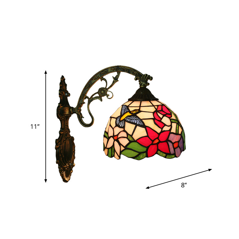 Hand-Crafted Glass Bronze Wall Lighting Magpie and Flowers 1 Head Tiffany Sconce Light Fixture