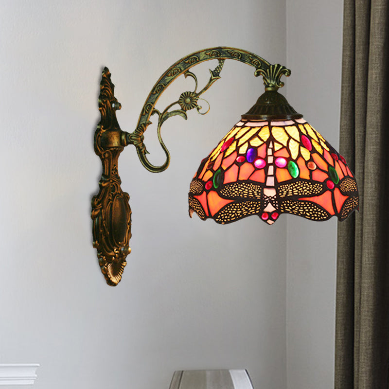 1-Head Bedroom Wall Mounted Lamp Tiffany Bronze Sconce Light with Cone Dragonfly Patterned Glass Shade