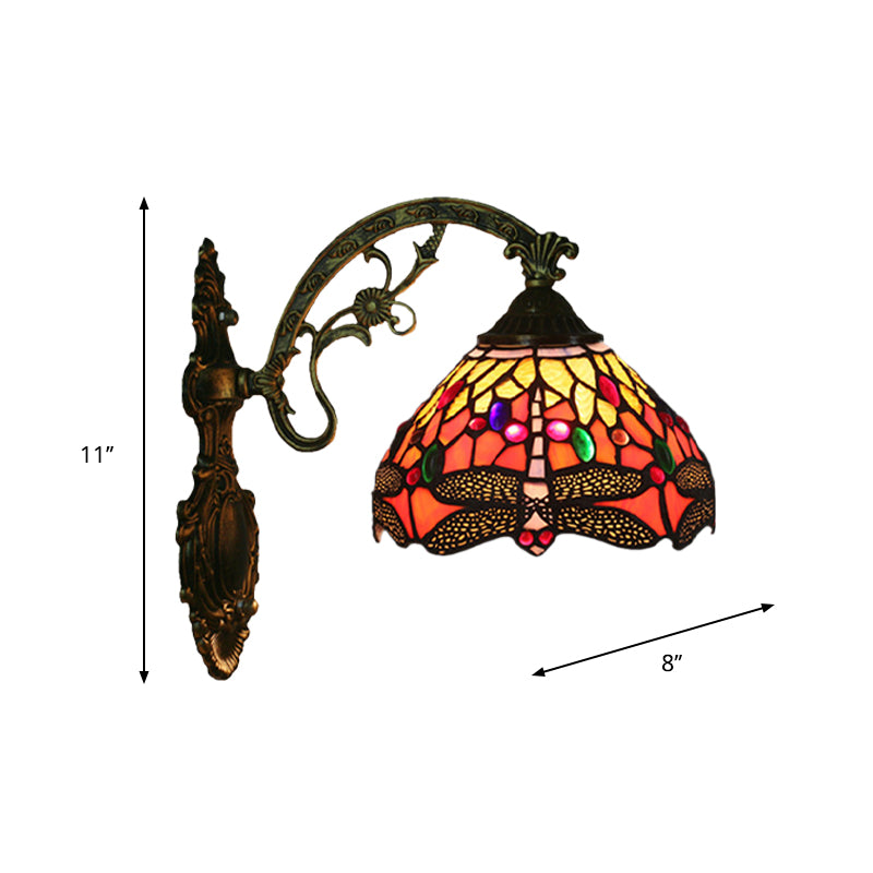 1-Head Bedroom Wall Mounted Lamp Tiffany Bronze Sconce Light with Cone Dragonfly Patterned Glass Shade