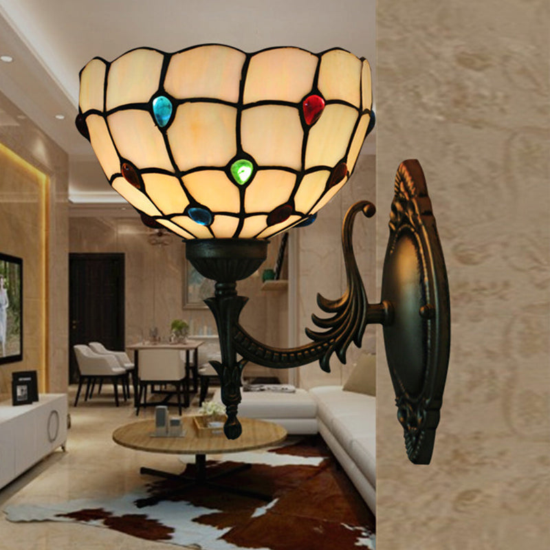 Flower/Bowl Wall Mount Light Fixture Tiffany Beige/Yellow Glass 1-Bulb Bronze Finish Wall Sconce Light