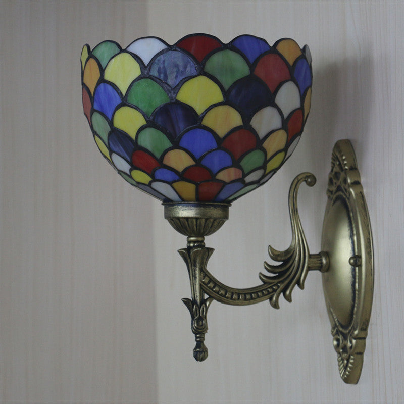 Spots/Semicircles Wall Sconce Light Single-Bulb Stained Glass Tiffany Wall Mounted Light Fixture in Bronze