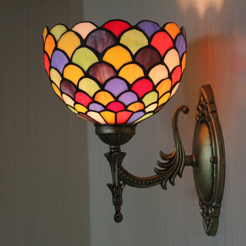 Spots/Semicircles Wall Sconce Light Single-Bulb Stained Glass Tiffany Wall Mounted Light Fixture in Bronze