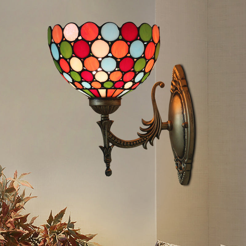 Spots/Semicircles Wall Sconce Light Single-Bulb Stained Glass Tiffany Wall Mounted Light Fixture in Bronze