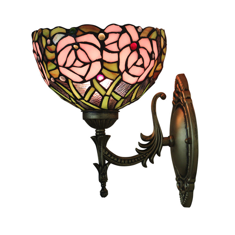 Pink Rose Wall Mount Lighting Tiffany 1 Bulb Stained Glass Sconce with Bronze Carved Arm