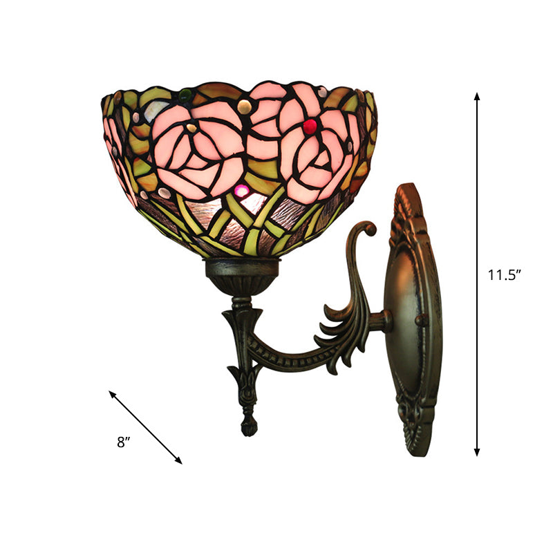 Pink Rose Wall Mount Lighting Tiffany 1 Bulb Stained Glass Sconce with Bronze Carved Arm