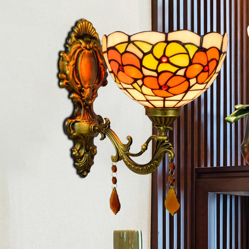 Leaf-Pattern Bowl Stained Glass Wall Lamp Tiffany 1 Head Orange/Purple/Red Wall Mounted Fixture