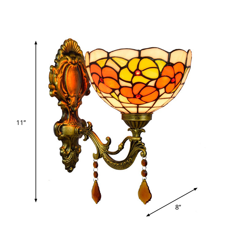 Leaf-Pattern Bowl Stained Glass Wall Lamp Tiffany 1 Head Orange/Purple/Red Wall Mounted Fixture