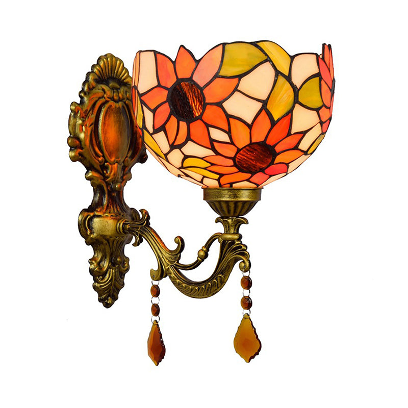 Sunflower Patterned Dome Sconce Lamp 1 Bulb Cut Glass Tiffany Wall Lighting Fixture with Brass Curved Arm