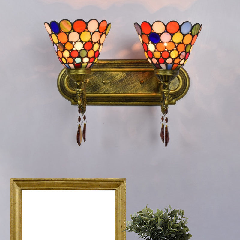 Bell Wall Mounted Light 2-Light Handcrafted Stained Glass Tiffany Sconce Lamp with Dots Design in Brass