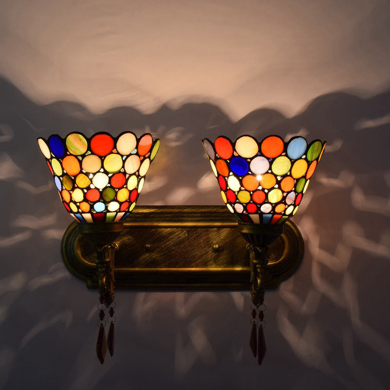 Bell Wall Mounted Light 2-Light Handcrafted Stained Glass Tiffany Sconce Lamp with Dots Design in Brass