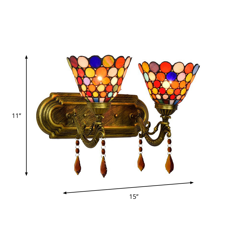 Bell Wall Mounted Light 2-Light Handcrafted Stained Glass Tiffany Sconce Lamp with Dots Design in Brass