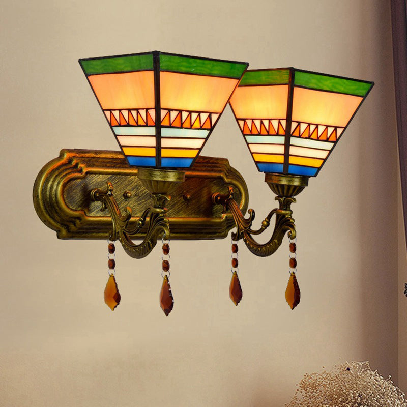Brass 2 Bulbs Wall Mounted Lamp Mission Stained Glass 4-Sided Pyramid/Flared Wall Sconce Lighting