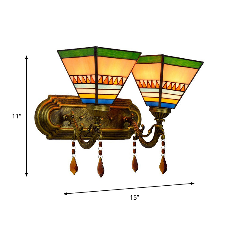 Brass 2 Bulbs Wall Mounted Lamp Mission Stained Glass 4-Sided Pyramid/Flared Wall Sconce Lighting