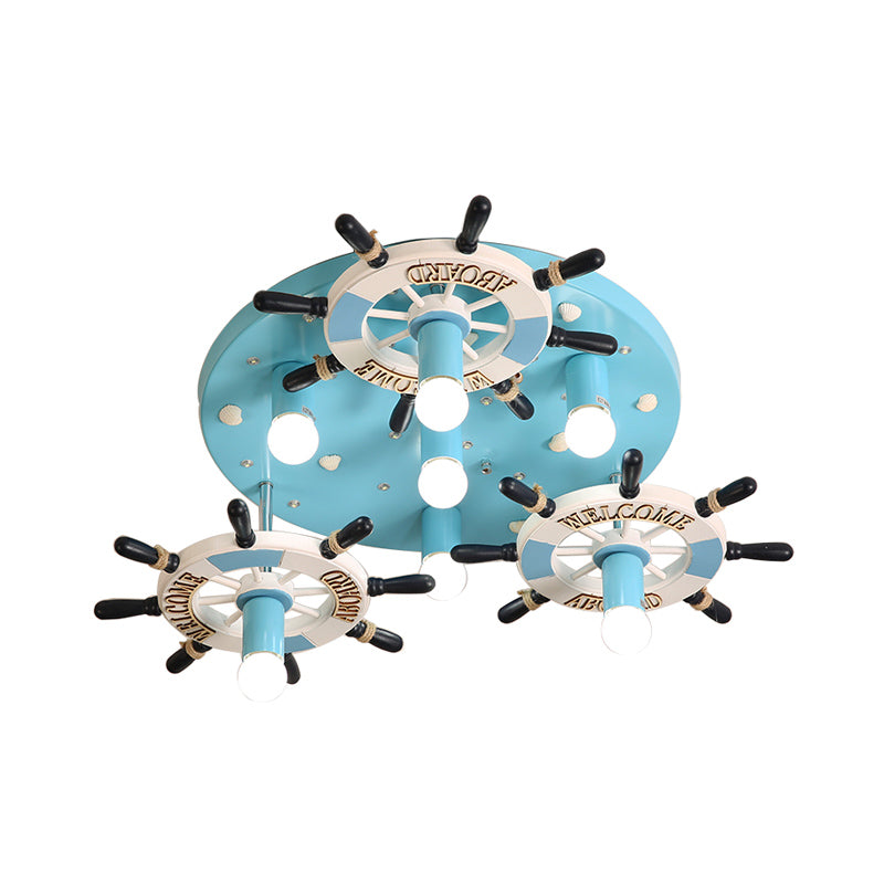 Mada de timón de timón de madera iluminación de montaje mediterráneo 7 bulbos de lámpara de al ras del azul