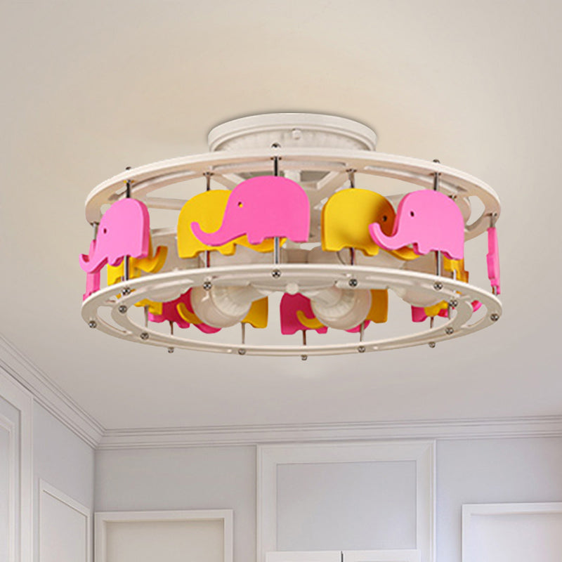 Lámpara semi de al ras del elefante/bote/timón con diseño de tambor de madera para niños de 5 luces rosa y amarillo/rosa y azul.