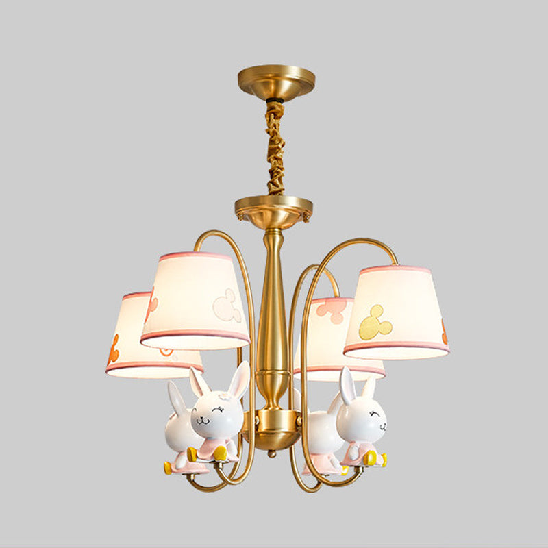 Gold Finish Barrel Shade Chandelier Cartoon 4 Bulbs Fabric Hanging Ceiling Light with Rabbit Deco