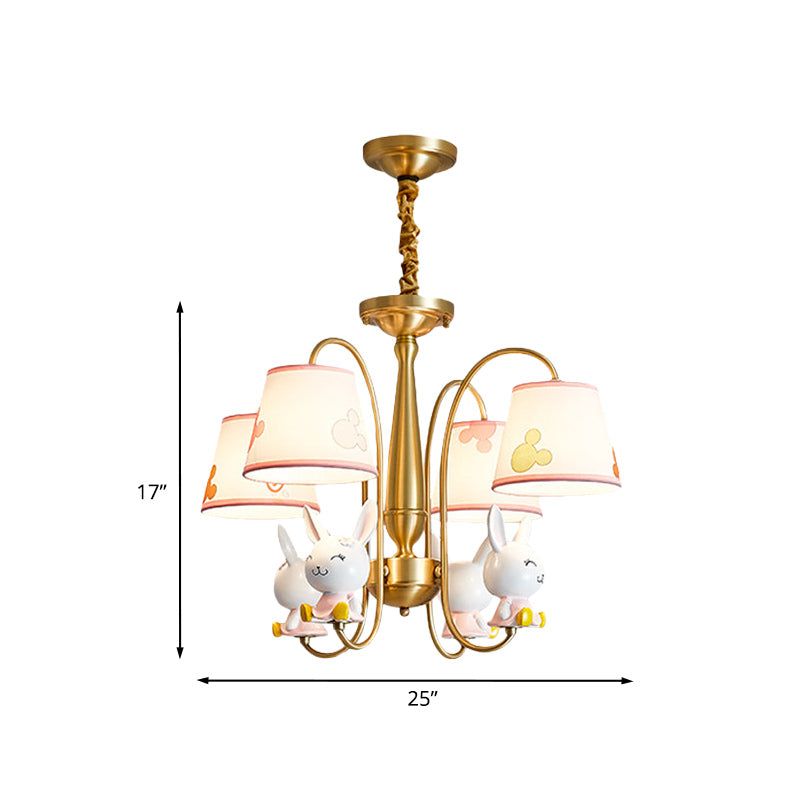 Gold Finish Barrel Shade Chandelier Cartoon 4 Bulbs Fabric Hanging Ceiling Light with Rabbit Deco