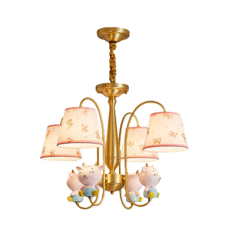 Fabric Barrel Shade Pendant Chandelier Kids 4-Light Ceiling Suspension Lamp with Sheep Decor in Gold