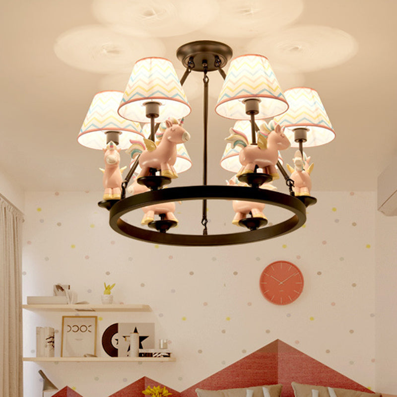 Pink Unicorn Pendulum Light with Black Ring Design Cartoon 6 Heads Fabric Ceiling Chandelier
