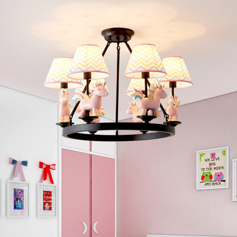 Pink Unicorn Pendulum Light with Black Ring Design Cartoon 6 Heads Fabric Ceiling Chandelier