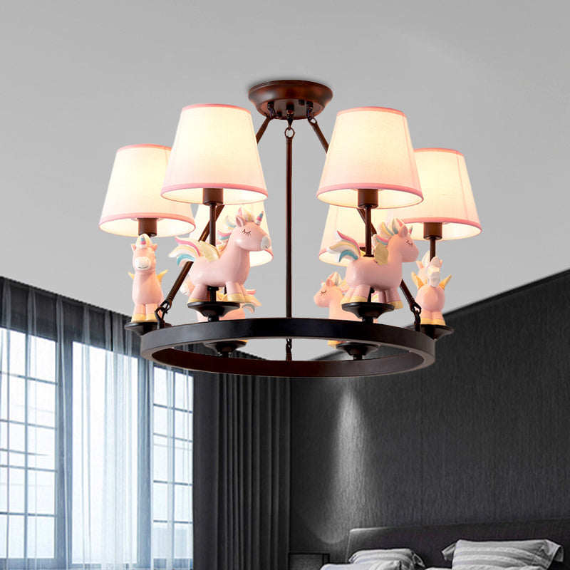 Pink Unicorn Pendulum Light with Black Ring Design Cartoon 6 Heads Fabric Ceiling Chandelier