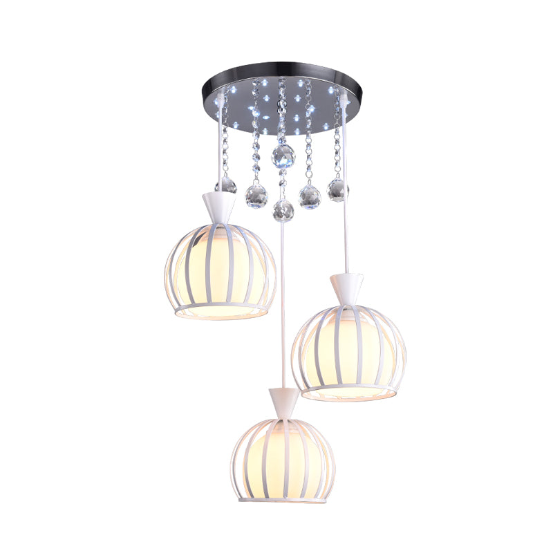 Cage en dôme multi-pendentif MODERNE Iron 3 têtes de finition blanche Lumière suspension avec une teinte en verre d'opale intérieure