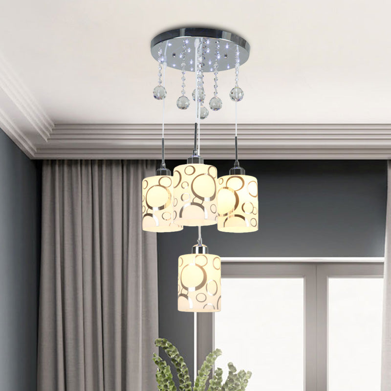Cylindre en verre à motifs modernisme de la lampe suspendue multiple 4 ampoules Pendulum Lumière en chrome avec goutte