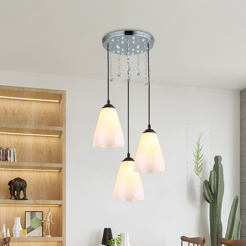 Floral White Glass Down Lighting Minimalist 3-Light Black Multi Light Pendant with Crystal Accent