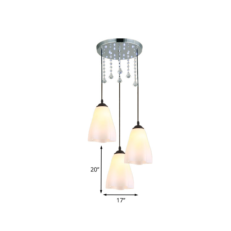 Floral White Glass Down Lighting Minimalist 3-Light Black Multi Light Pendant with Crystal Accent