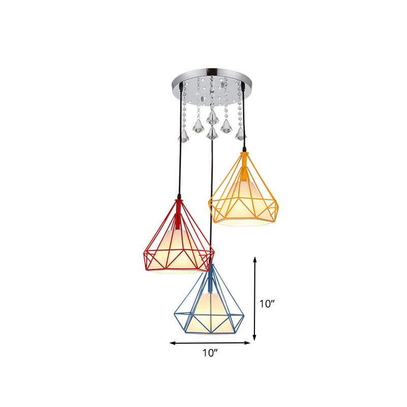 Red-Yellow-Blue Diamond Cage Pendant Lamp Modern 3-Head Iron Multi Light Ceiling Lighting