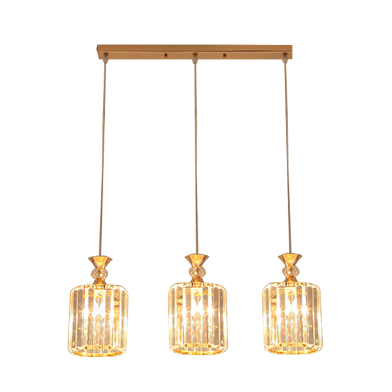 Gold Cylinder Ceiling Suspension Light Simple 3 Lights Crystal Prisms Multi Pendant Lamp Fixture