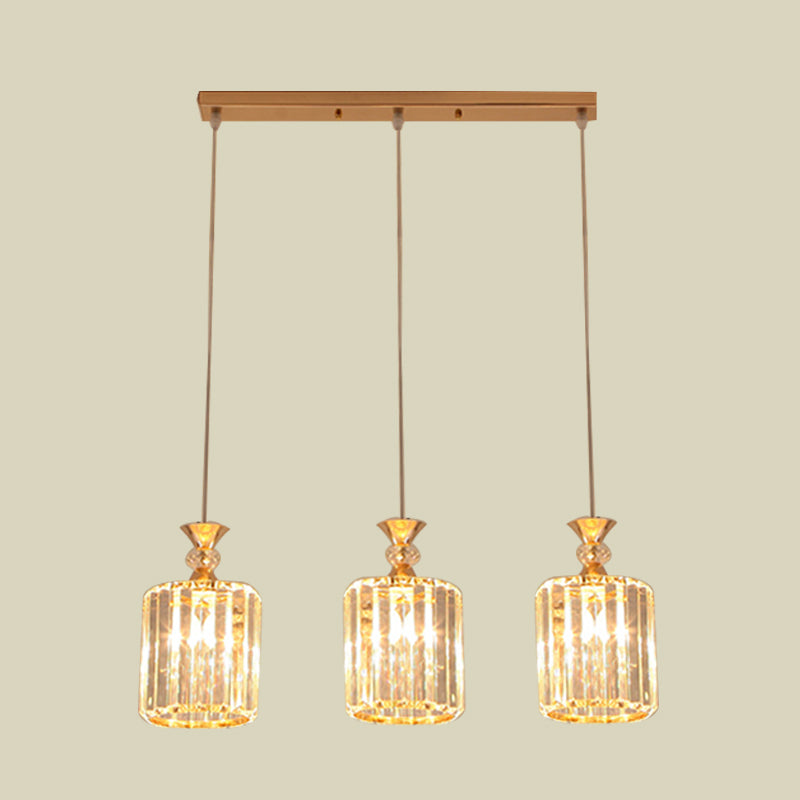 Gold Cylinder Ceiling Suspension Light Simple 3 Lights Crystal Prisms Multi Pendant Lamp Fixture