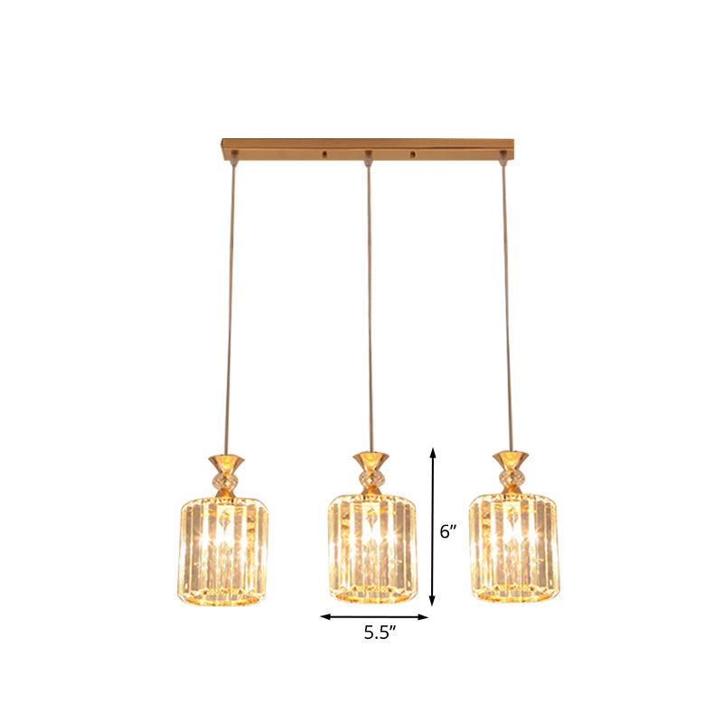 Gold Cylinder Ceiling Suspension Light Simple 3 Lights Crystal Prisms Multi Pendant Lamp Fixture