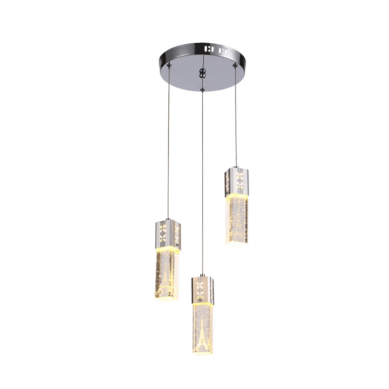 Square Tube LED Hanging Lamp Simple Clear Crystal Glass 3-Light Dining Room Cluster Light Pendant in Chrome