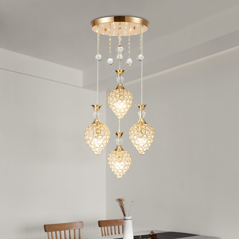 Crystal Encrusted Teardrop Cluster Pendant Modernist 3-Bulb Gold Finish Hanging Ceiling Light