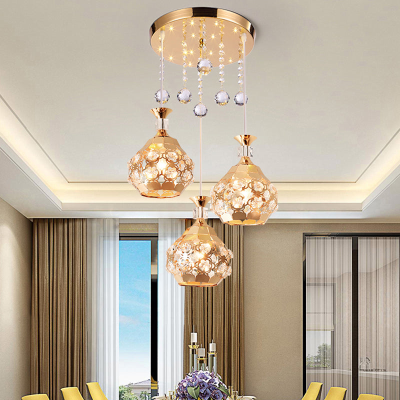 Dome Dinning Room Multi Hanging Light Crystal Embedded 3 Lights Modernism Suspension Lamp in Gold