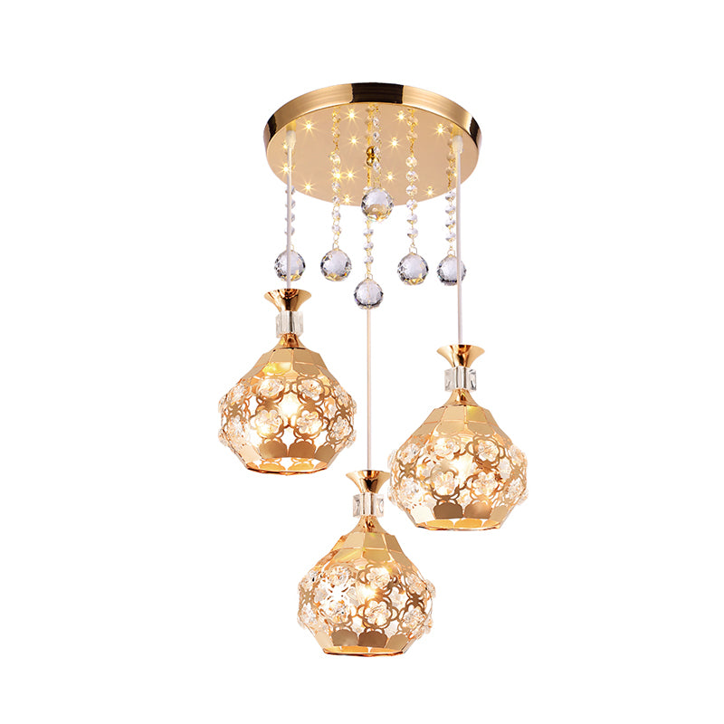 Dome Dinning Room Multi Hanging Light Crystal Embedded 3 Lights Modernism Suspension Lamp in Gold