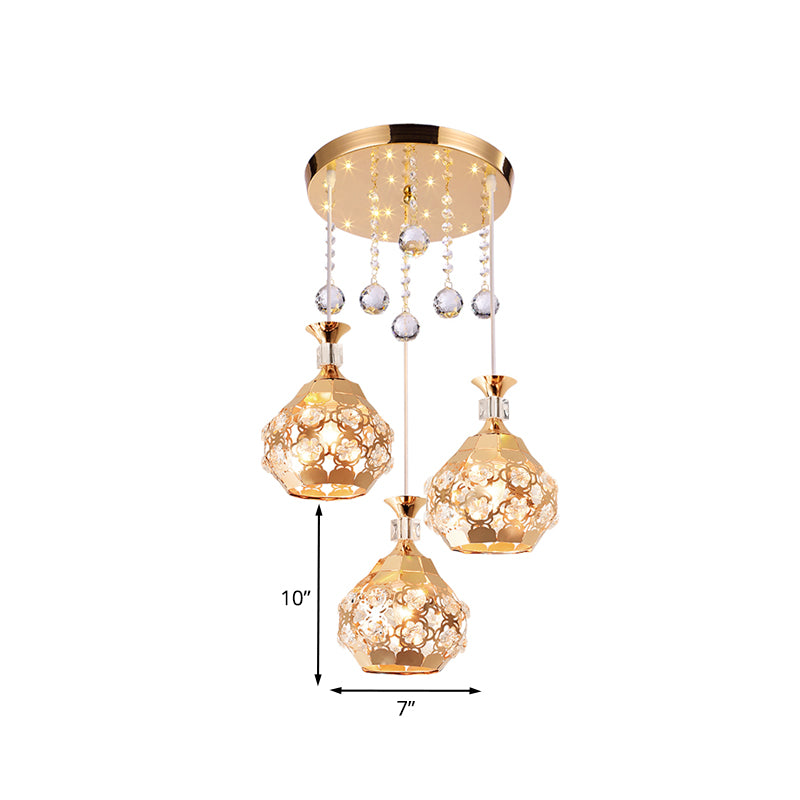 Dome Dinning Room Multi Hanging Light Crystal Embedded 3 Lights Modernism Suspension Lamp in Gold