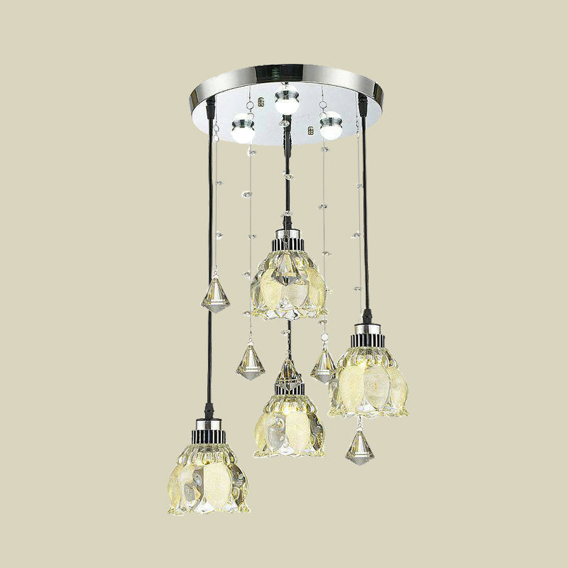 Crystal Lotus Shade Multi Pendant Lamp Fixture Contemporain 4 Bulb Chrome Hanging Light Kit