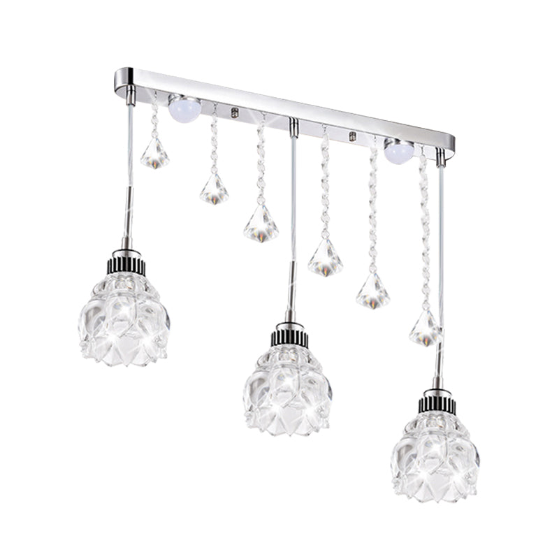 Illuminazione floreale in argento semplice 3 teste trasparente in vetro in vetro lineare lineare lampada multi pendente sul tavolo da pranzo