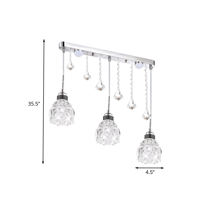 Illuminazione floreale in argento semplice 3 teste trasparente in vetro in vetro lineare lineare lampada multi pendente sul tavolo da pranzo