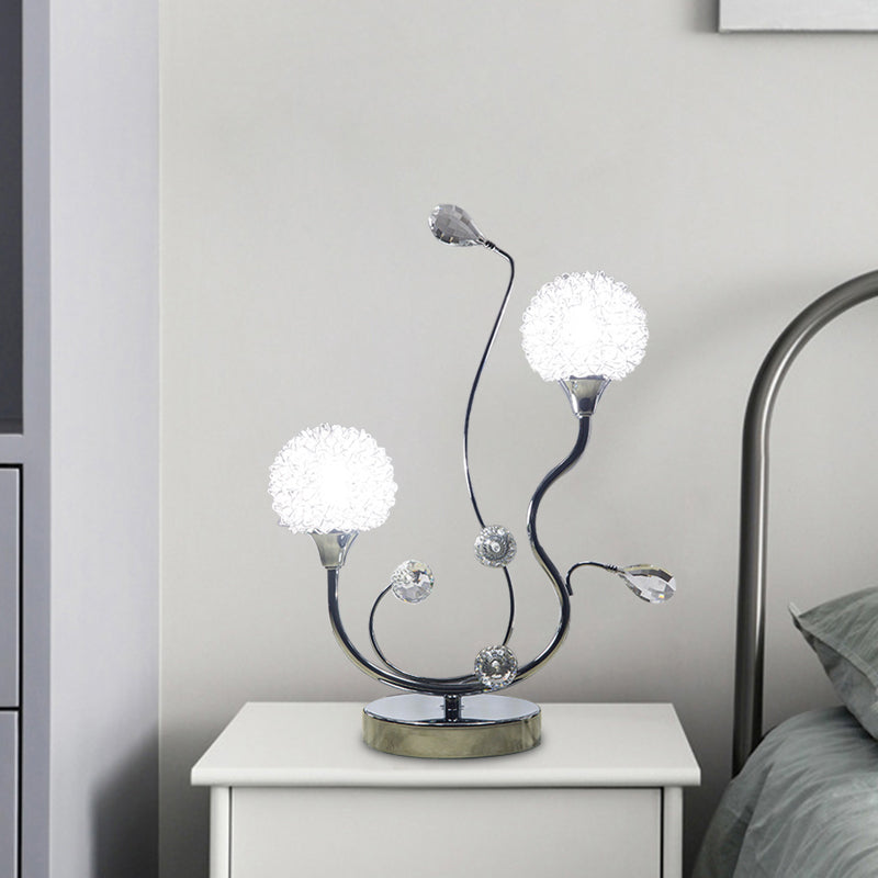 Chrome Finish Dandelion Nightstand Light Modernist 2 Lights Metallic Night Lamp with Crystal Accent