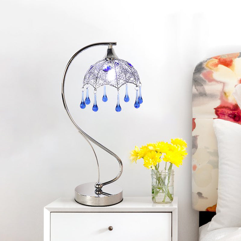 Umbrella Metal Night Table Light Contemporary LED Chrome Nightstand Lamp with Teardrop Blue Glass Decor