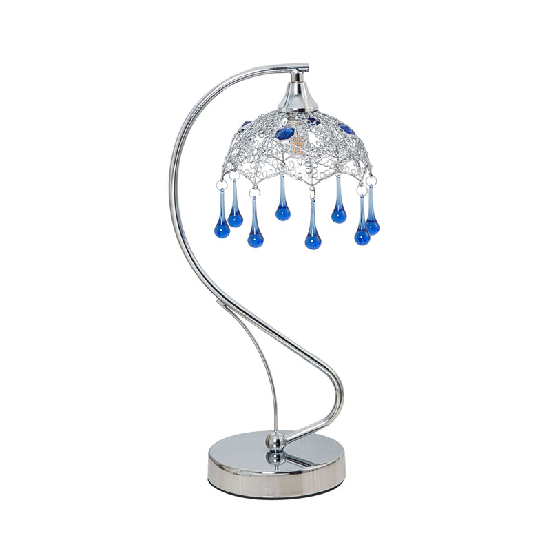 Umbrella Metal Night Table Light Contemporary LED Chrome Nightstand Lamp with Teardrop Blue Glass Decor